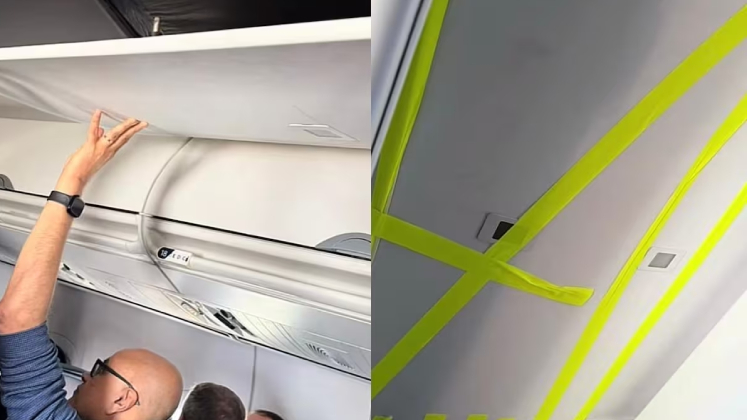 Pasajeros sostienen el techo de un avión en pleno vuelo